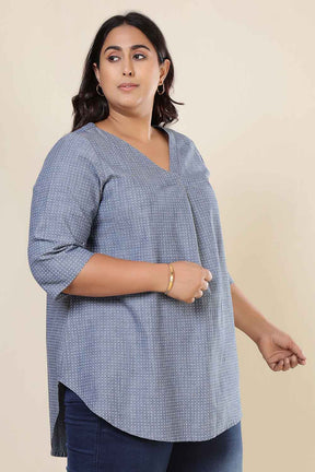 Plus Size Mid Blue Cross Weave Denim Cotton Top