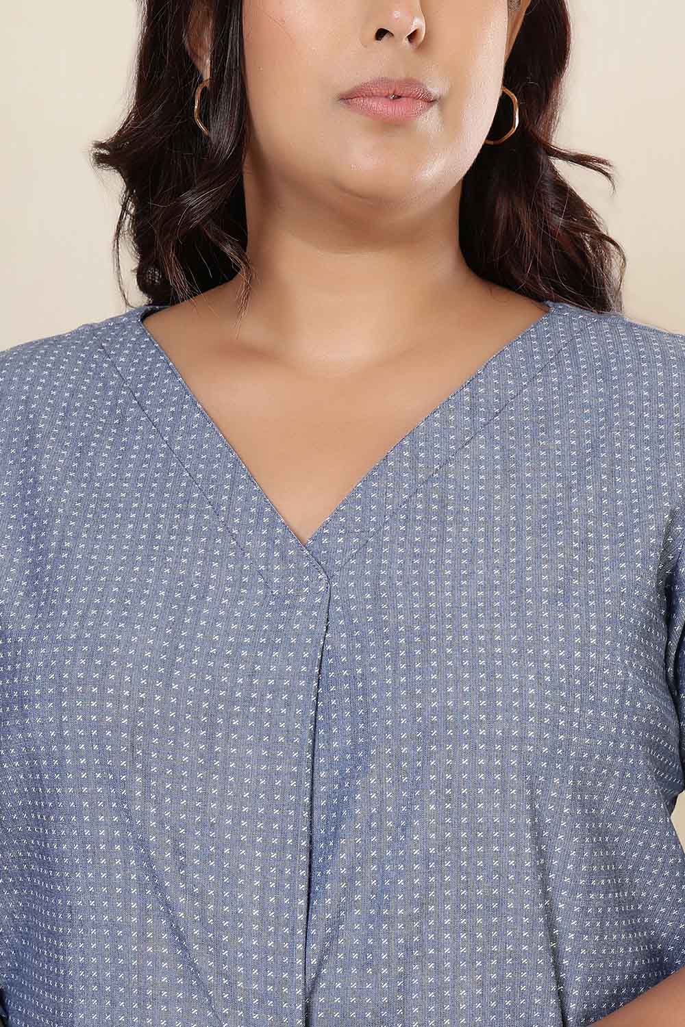 Comfortable Plus Size Mid Blue Cross Weave Denim Cotton Top