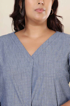 Plus Size Mid Blue Cross Weave Denim Cotton Top