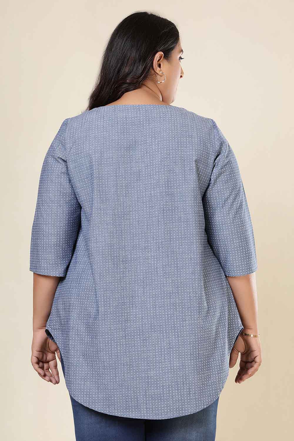 Plus Size Mid Blue Cross Weave Denim Cotton Top