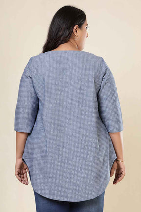 Plus Size Mid Blue Cross Weave Denim Cotton Top