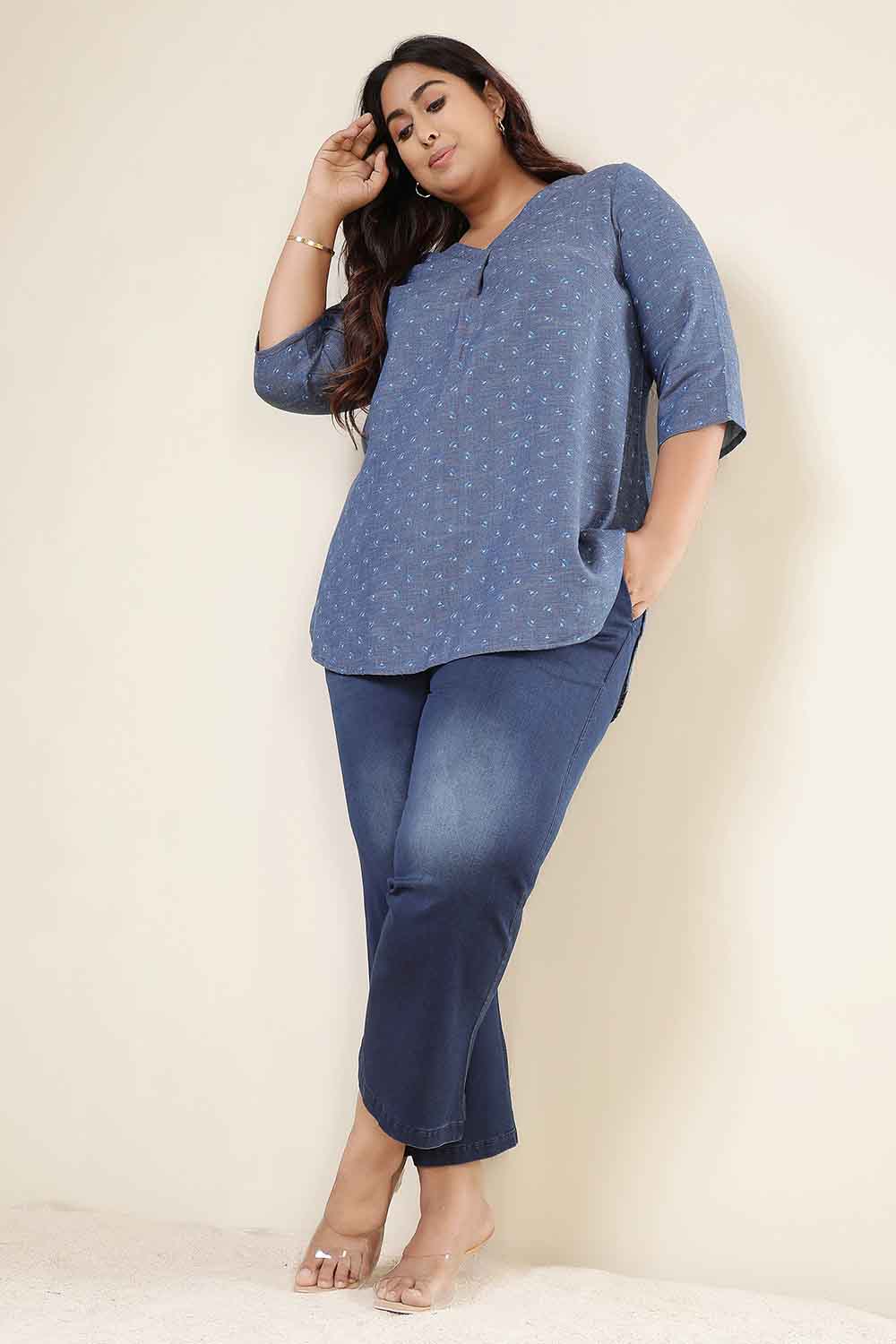 Plus Size Floral Weave Cotton Denim Top