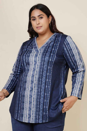 Plus Size Blue Vertical Stripe SnugWeave™ V Neck Top