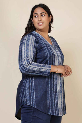Plus Size Blue Vertical Stripe SnugWeave™ V Neck Top