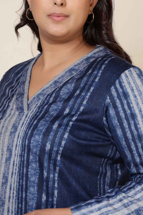 Plus Size Blue Vertical Stripe SnugWeave™ V Neck Top