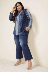 Plus Size Blue Vertical Stripe SnugWeave™ V Neck Top