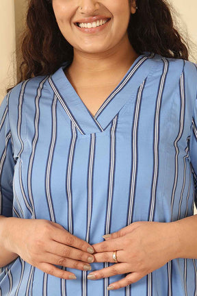 Plus Size Sky Blue Striped Cotton Midi Dress