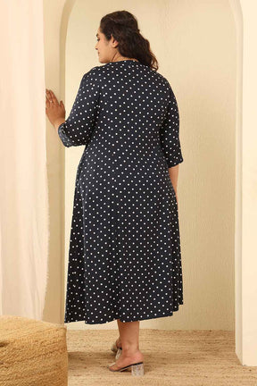 Plus Size Navy Blue Polka Dot Cotton Midi Dress