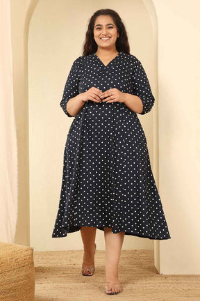 Plus Size Navy Blue Polka Dot Cotton Midi Dress