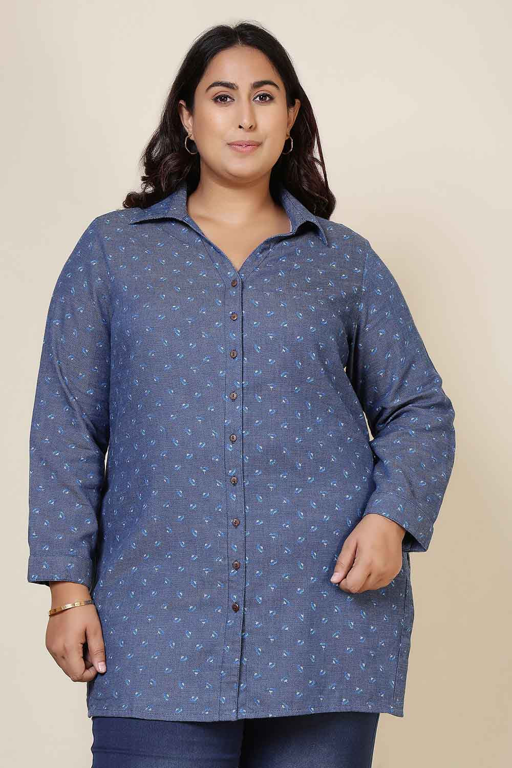 Plus Size Plus Size Floral Weave Cotton Denim Shirt