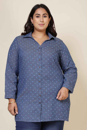Plus Size Floral Weave Cotton Denim Shirt