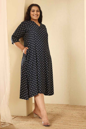 Plus Size Navy Blue Polka Dot Cotton Midi Dress