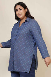Plus Size Floral Weave Cotton Denim Shirt
