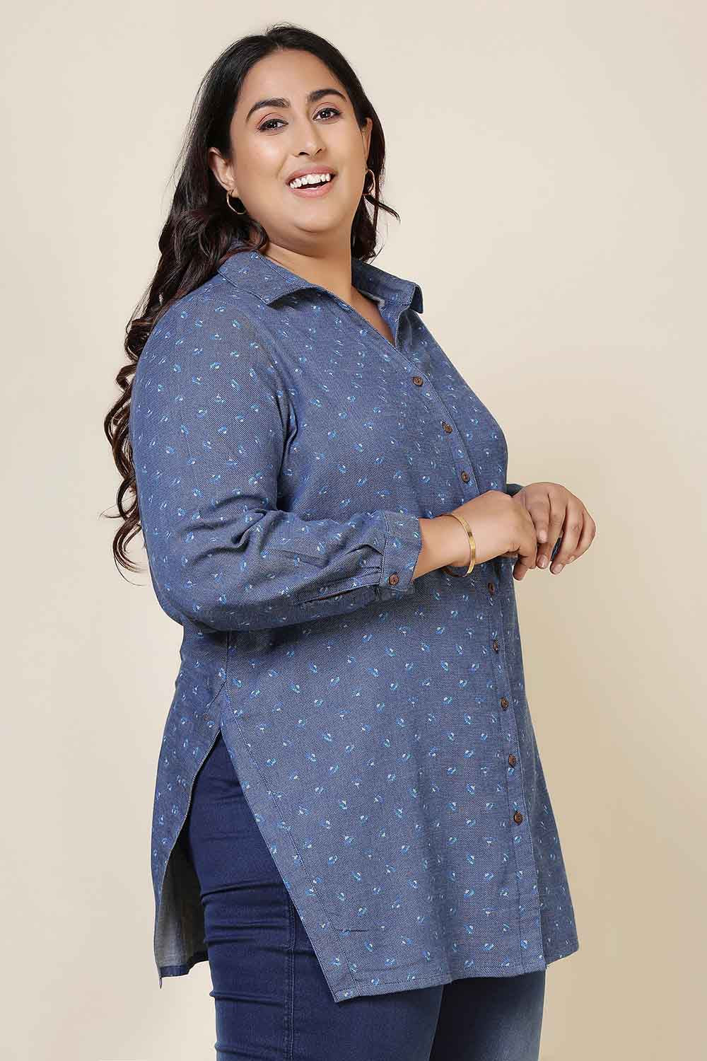 Plus Size Floral Weave Cotton Denim Shirt for Women