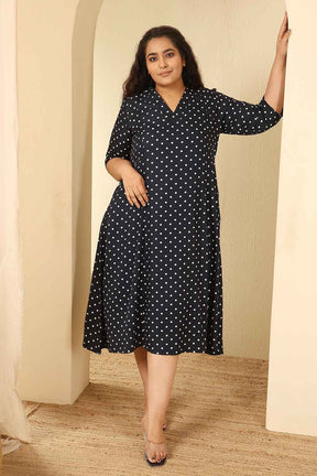 Plus Size Navy Blue Polka Dot Cotton Midi Dress