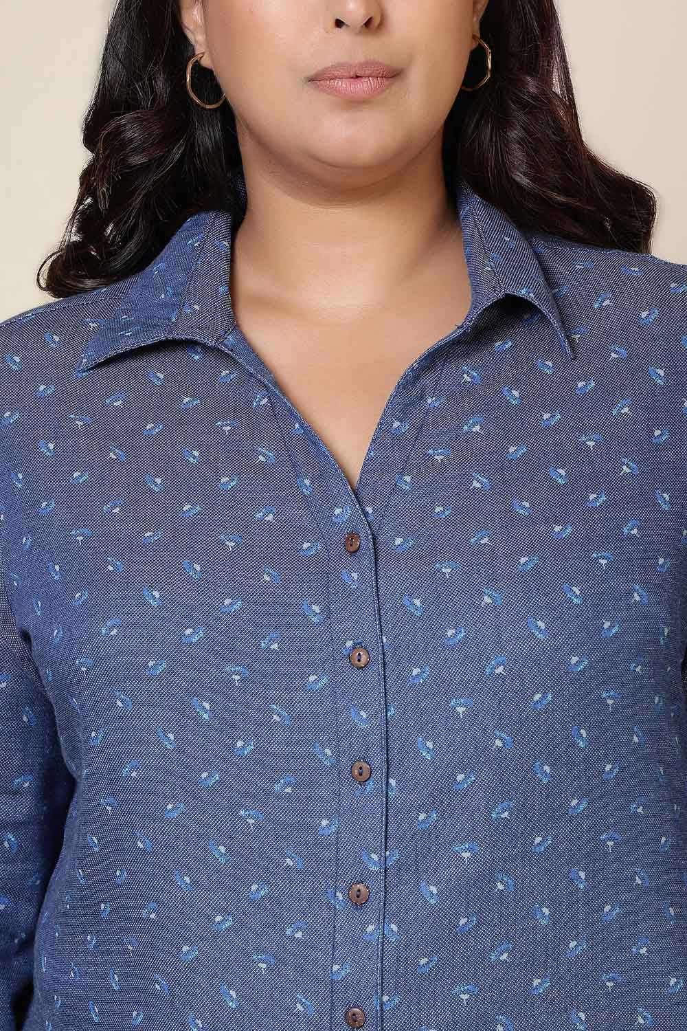 Comfortable Plus Size Floral Weave Cotton Denim Shirt