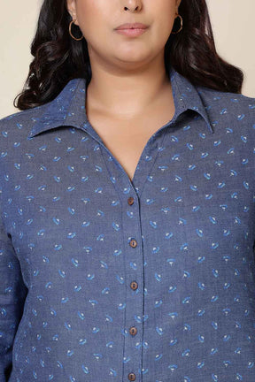 Plus Size Floral Weave Cotton Denim Shirt