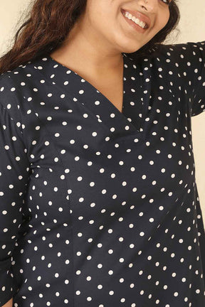 Plus Size Navy Blue Polka Dot Cotton Midi Dress