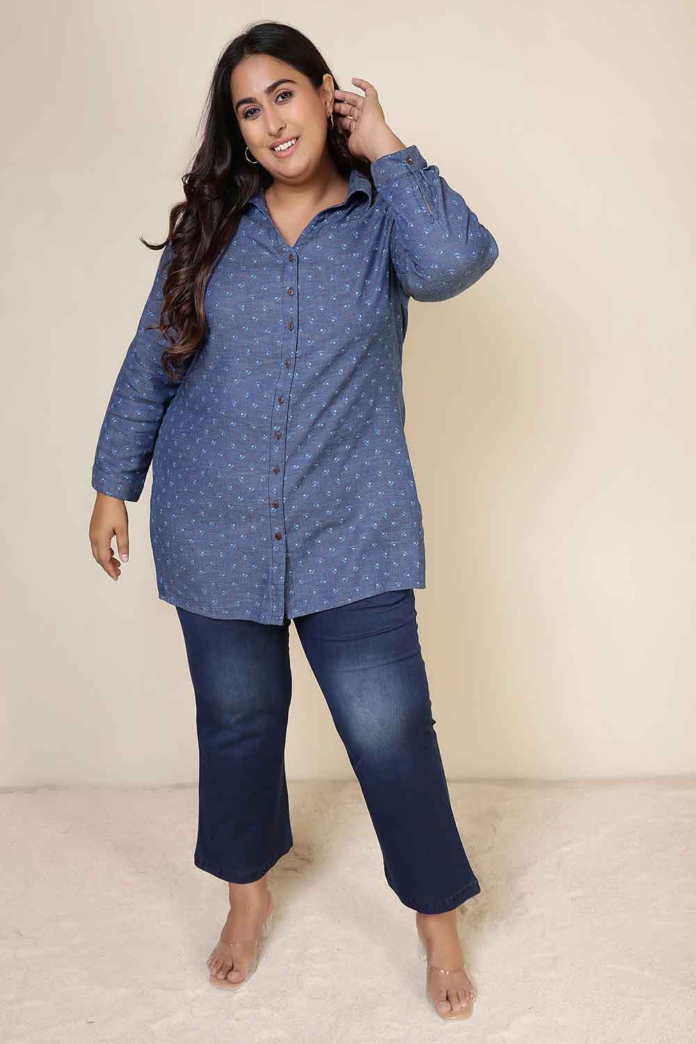 Plus Size Floral Weave Cotton Denim Shirt