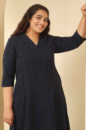 Plus Size Navy Blue Dobby Weave Cotton Midi Dress