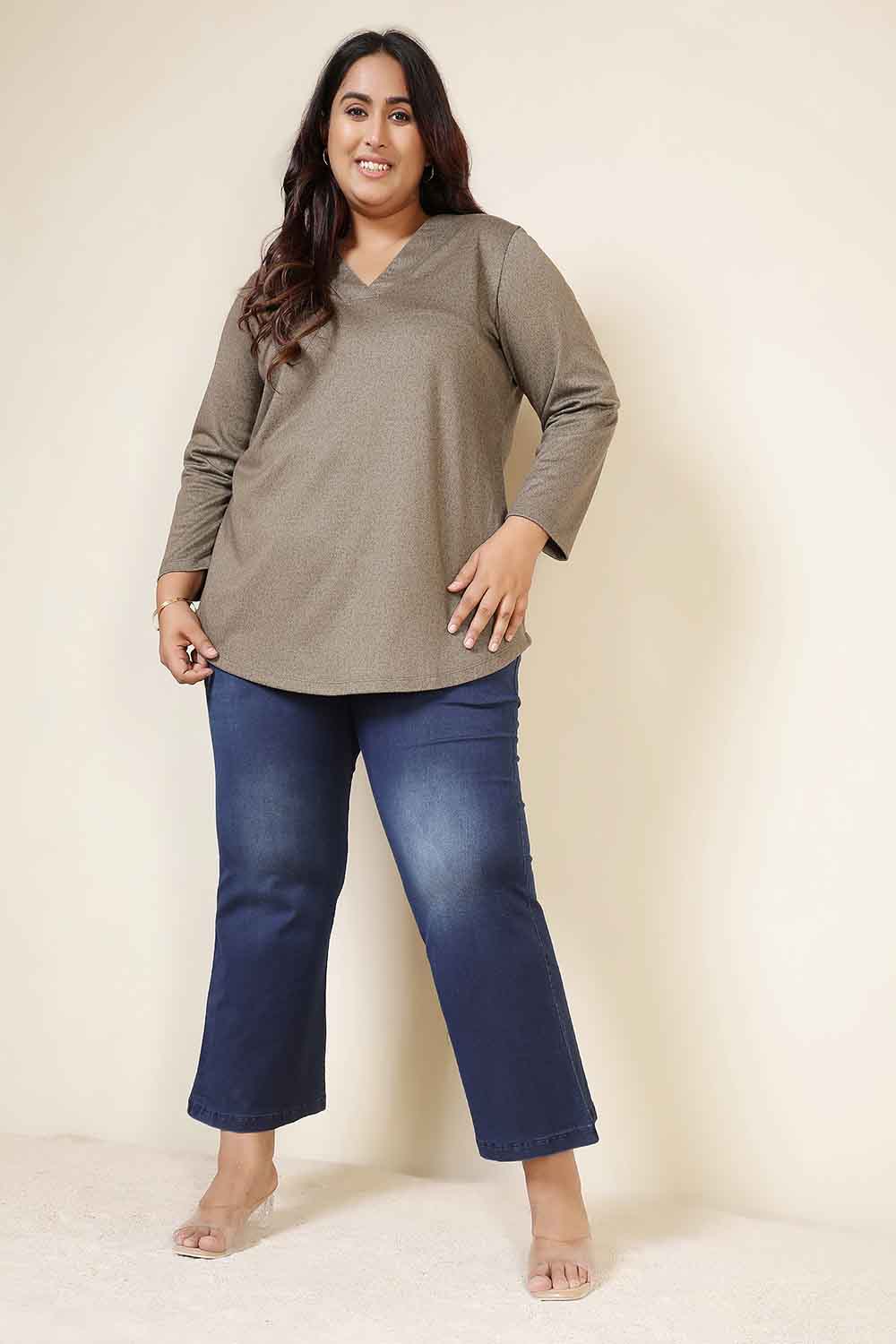 Plus Size Olive Green SnugWeave™ V Neck Top