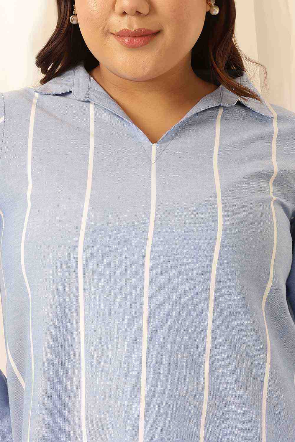 Comfortable Plus Size Blue Striped Chambray Top