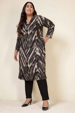 Plus Size Black & Beige Abstract V Neck SnugWeave™ Winter Kurta