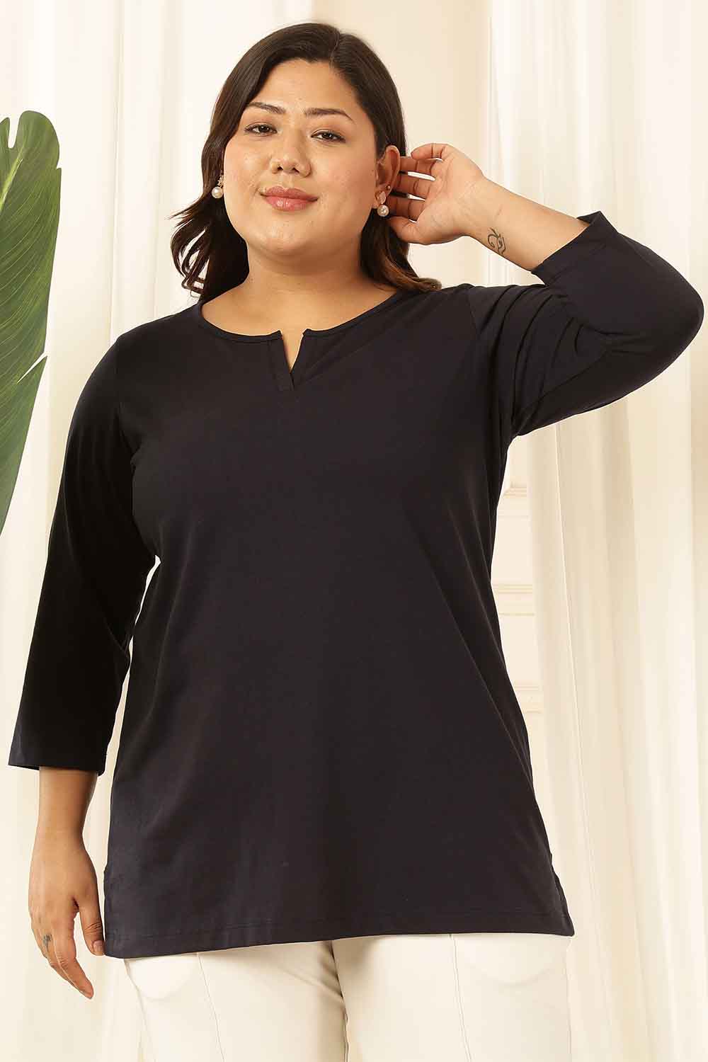 Plus Size Navy Henley Cotton Tshirt
