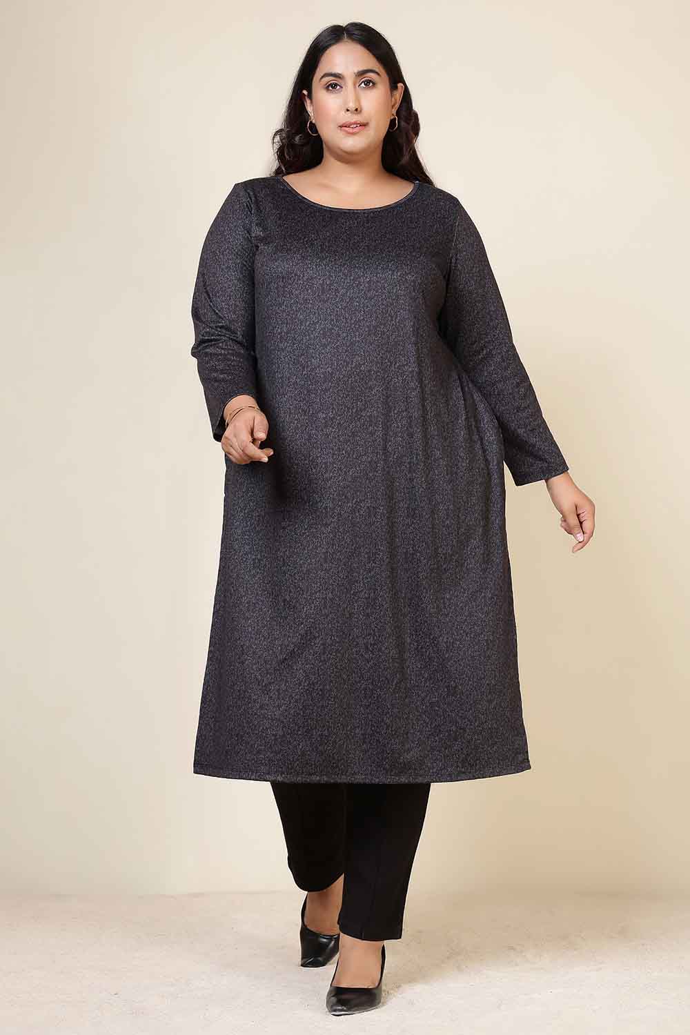 Plus Size Plus Size Charcoal Grey Round Neck SnugWeave™ Winter Kurta