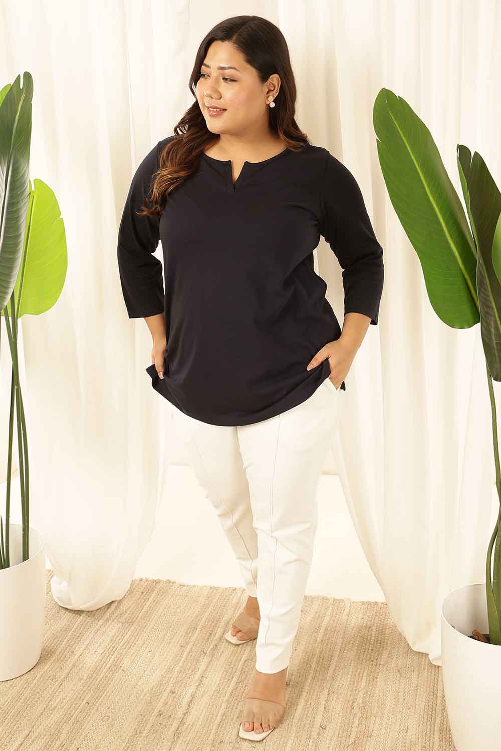 Plus Size Navy Henley Cotton Tshirt