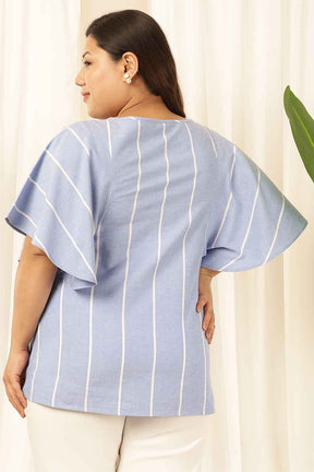 Plus Size Blue Striped Chambray Flare Top