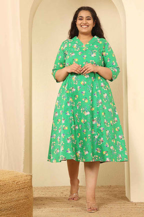 Plus Size Green Floral Print Cotton Midi Dress