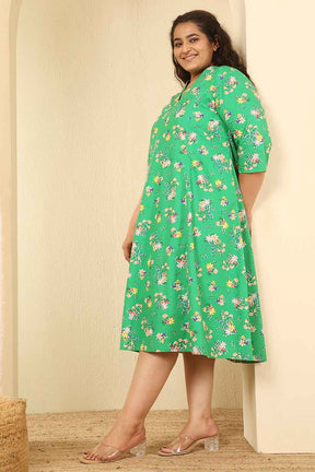 Plus Size Green Floral Print Cotton Midi Dress