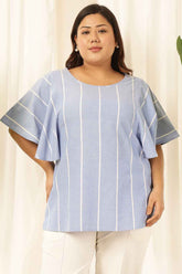Plus Size Blue Striped Chambray Flare Top