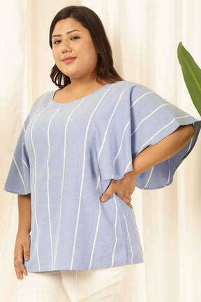 Plus Size Blue Striped Chambray Flare Top
