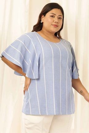 Plus Size Blue Striped Chambray Flare Top