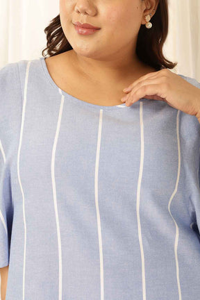 Plus Size Blue Striped Chambray Flare Top