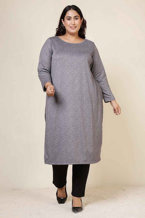 Plus Size Grey Melange Round Neck SnugWeave™ Winter Kurta