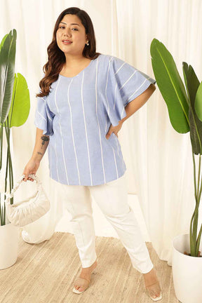 Plus Size Blue Striped Chambray Flare Top