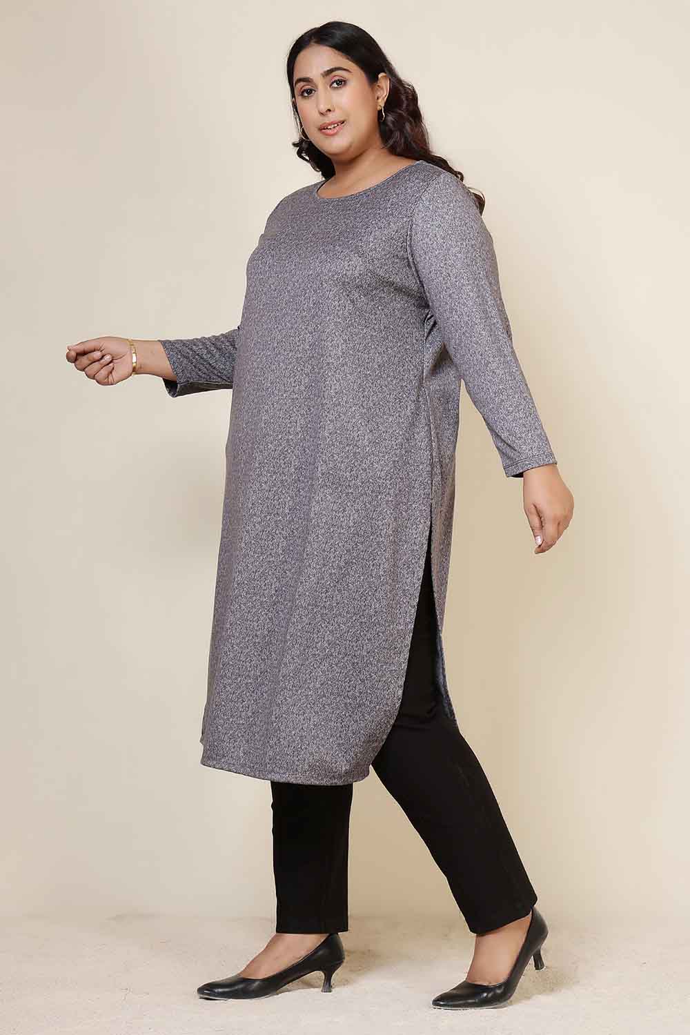 Plus Size Grey Melange Round Neck SnugWeave™ Winter Kurta for Women