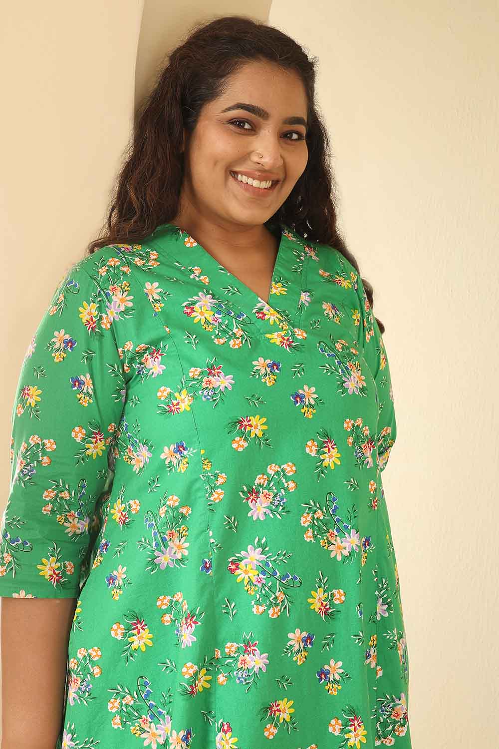 Plus Size Green Floral Print Cotton Midi Dress