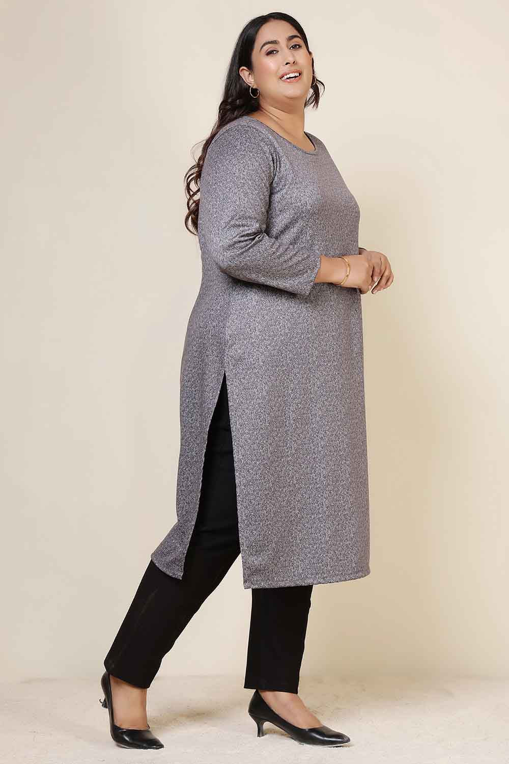 Comfortable Plus Size Grey Melange Round Neck SnugWeave™ Winter Kurta