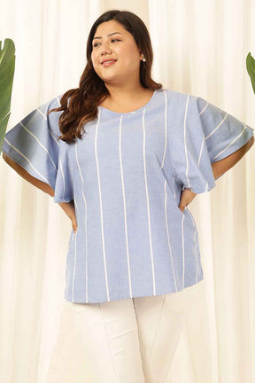 Plus Size Blue Striped Chambray Flare Top