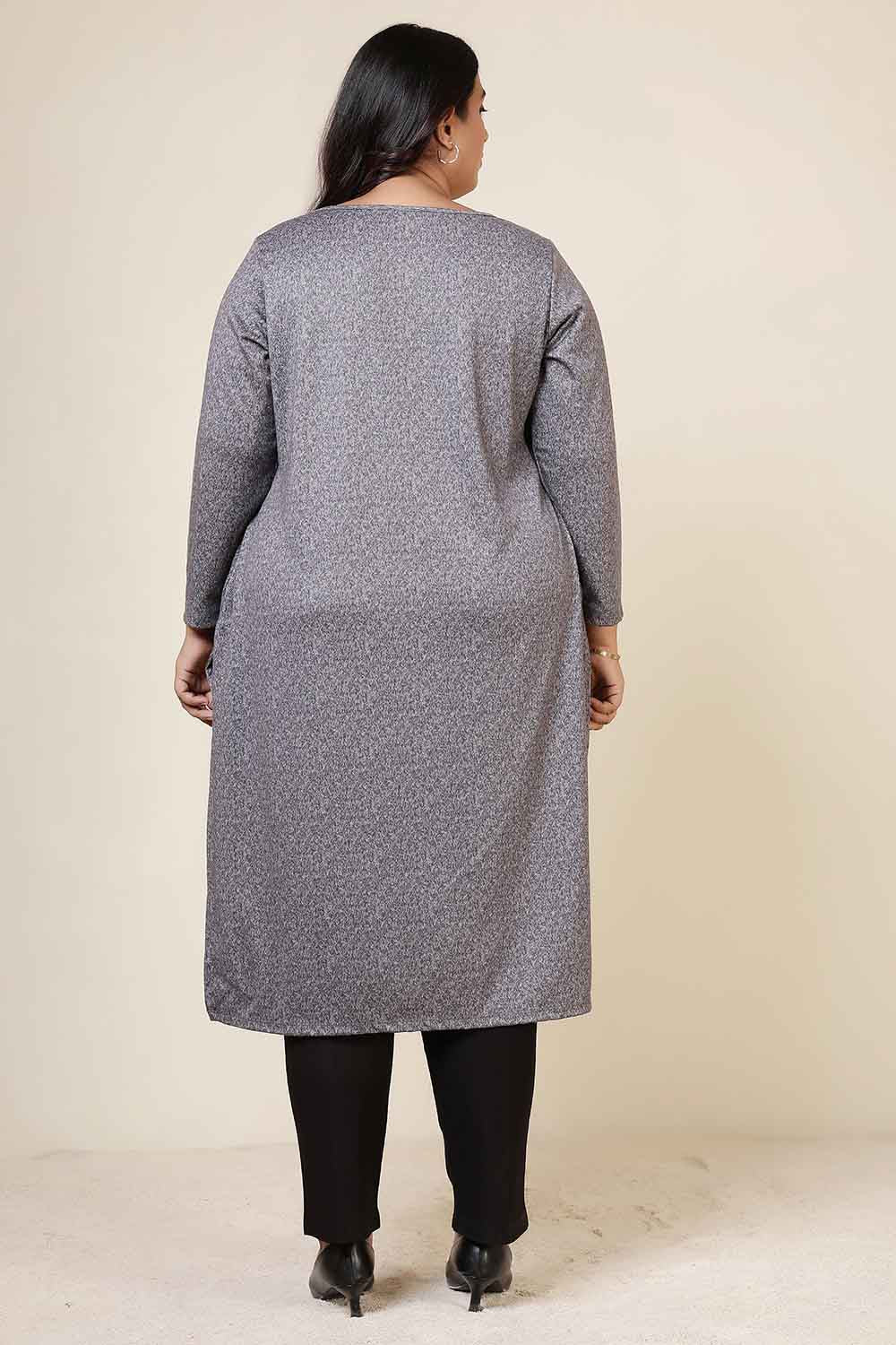 Plus Size Grey Melange Round Neck SnugWeave™ Winter Kurta