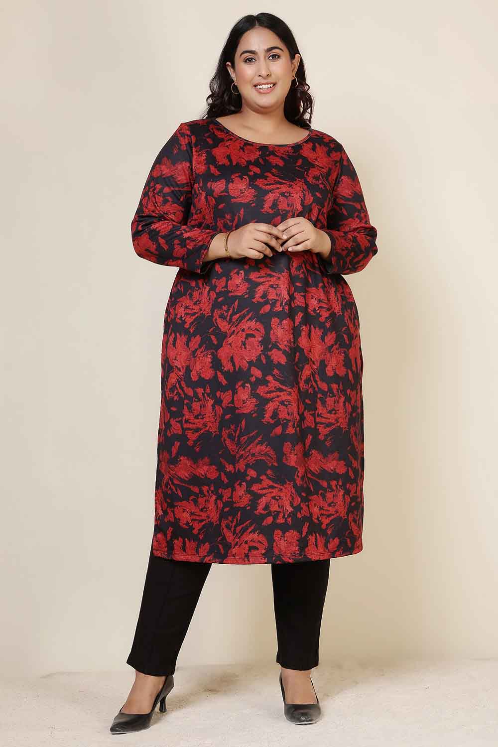 Plus Size Red Floral Round Neck SnugWeave™ Winter Kurta for Women