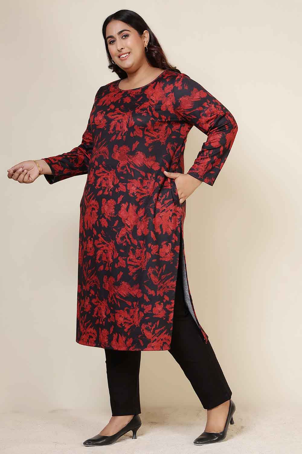 Plus Size Plus Size Red Floral Round Neck SnugWeave™ Winter Kurta
