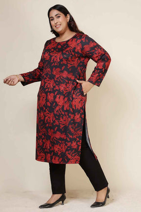 Plus Size Red Floral Round Neck SnugWeave™ Winter Kurta