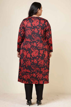 Plus Size Red Floral Round Neck SnugWeave™ Winter Kurta