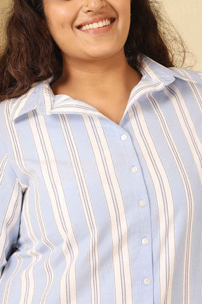 Plus Size Powder Blue Striped Cotton Shirt Dress