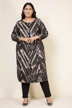 Plus Size Black & Beige Abstract Round Neck SnugWeave™ Winter Kurta
